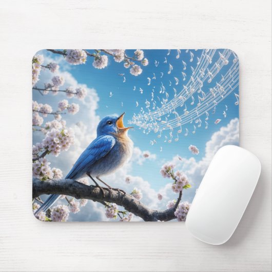Tapis De Souris Bluebird chante sur une branche de cerisier (Avec souris)