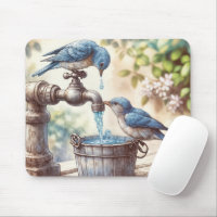 Bluebirds avec un vieux faucet et seau