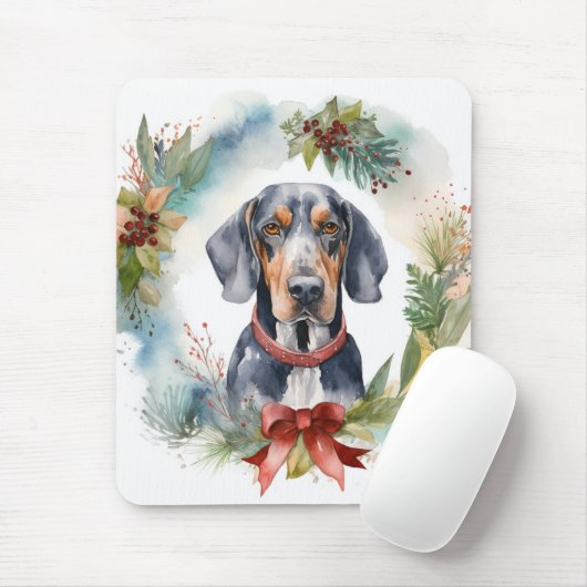 Tapis De Souris Bluetick Coonhound Christmas Wreath Festive Pup (Avec souris)