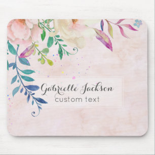 Tapis De Souris Blush Chic Monogramme Floral Aquarelle Texte Perso