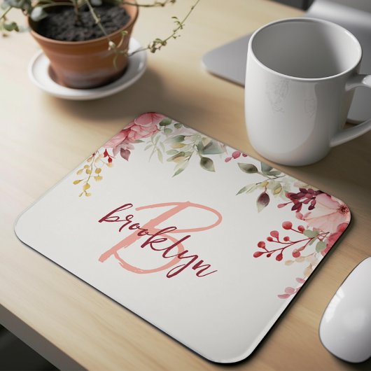 Tapis De Souris Blush Rose Bourgogne Floral Script Monogramme