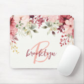 Tapis De Souris Blush Rose Bourgogne Floral Script Monogramme (Avec souris)