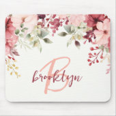 Tapis De Souris Blush Rose Bourgogne Floral Script Monogramme (Devant)