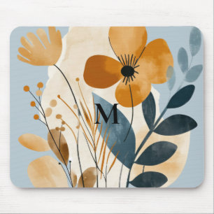 Tapis De Souris Boho Botanique Floral Aquarelle Bleu Pêche