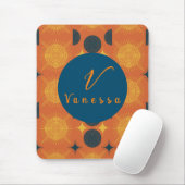 Tapis De Souris Boho Céleste Soleil Lune Orange Script Monogramme (Avec souris)
