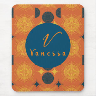 Tapis De Souris Boho Céleste Soleil Lune Orange Script Monogramme