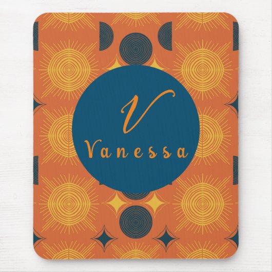 Tapis De Souris Boho Céleste Soleil Lune Orange Script Monogramme (Devant)