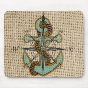 Tapis De Souris boho chic burlap nautique boussole bleu ancre