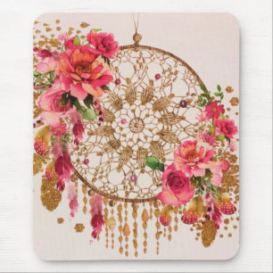 Tapis De Souris Boho Dreamcatcher Pink Gold Floral Aquarelle