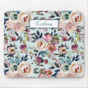 Tapis De Souris Boho vintage Nommé Roses Peints Vert Dusty