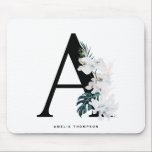 Tapis De Souris Boho White Orchidées Tropical Lettre A Monogramme<br><div class="desc">Ajoutez un accent boho et tropical à votre espace avec ce monogramme tropical mousepad. Il présente des fleurs blanches d'aquarelle, du corail blanc et des feuilles tropicaux. Cette lettre Un monogramme mousepad sera parfait comme cadeau.</div>