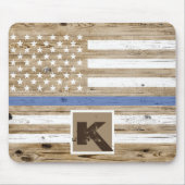 Tapis De Souris Bois rustique Ligne Bleue mince USA Drapeau Monogr (Devant)