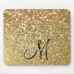 Tapis De Souris Bokeh Parties scintillant dorée Monogramme noir et