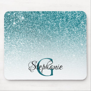 Tapis De Souris Bokeh sarcelle paillettes monogramme blanc ombré