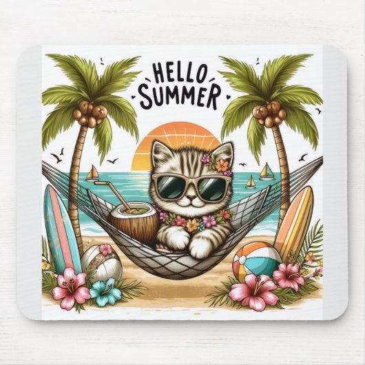 Tapis De Souris Bonjour Chat de Plage d'Été (Devant)
