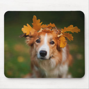Tapis De Souris Border collie rouge avec une guirlande de feuille