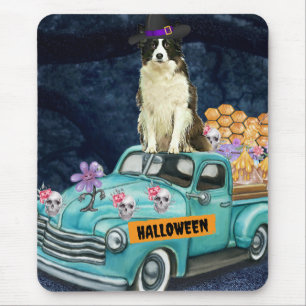 Tapis De Souris Bordure Collie Halloween Camion Effrayant Nuit