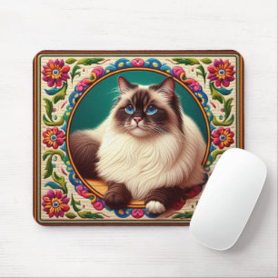 Tapis De Souris Bordure décorative Birman Chat Fleurs colorées