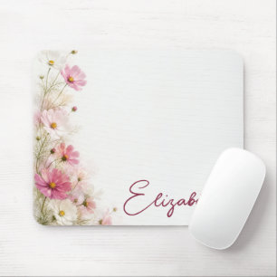 Tapis De Souris Bordure florale de cosmos rose et blanc