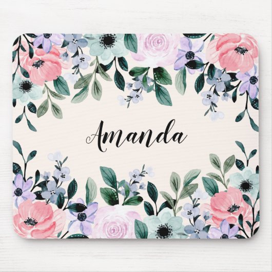 Tapis De Souris Bordure florale rose violet et vert (Devant)