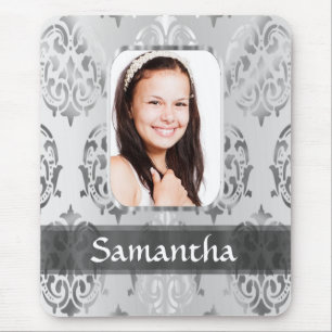 Tapis De Souris Bordure photo personnalisée en damas gris