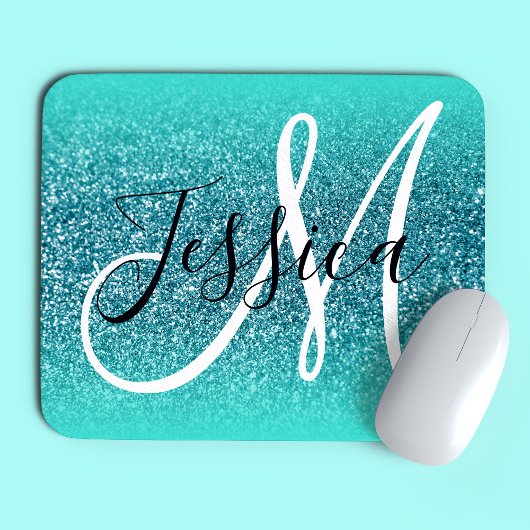 Tapis De Souris Bordure Turquoise Ombrée Glitter Monogramme Sarcel