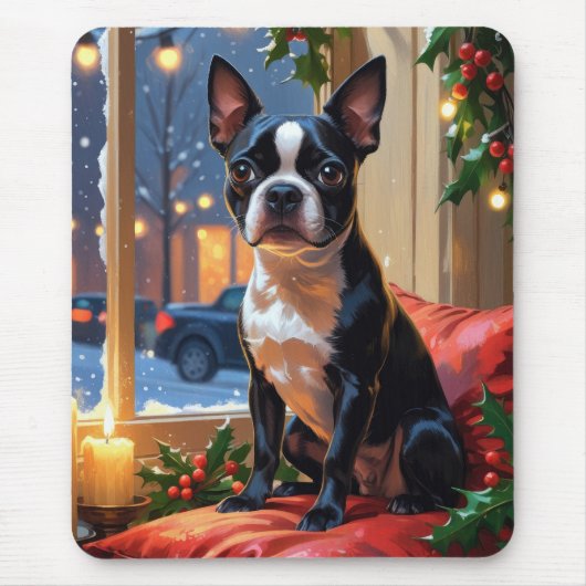 Tapis De Souris Boston Terrier avec Noël Lumières (Devant)