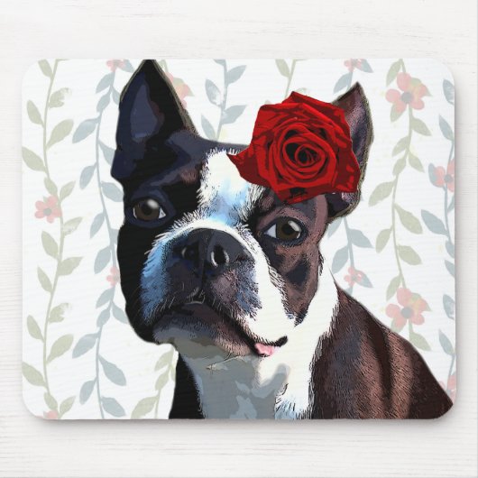 Tapis De Souris Boston Terrier avec Rose sur Head 2 (Devant)