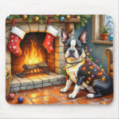 Tapis De Souris Boston Terrier Fireplace with Christmas Lights (Devant)