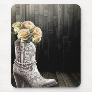 Tapis De Souris Botte Cowgirl Lace & Perles Fleurs Blanches Rustiq