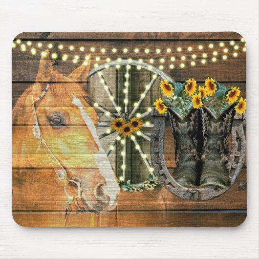 Tapis De Souris Botte de cowboy Rustique Cheval tournesol Wagon (Devant)