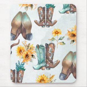 Tapis De Souris Bottes rustiques de cowboy et aquarelle de tournes