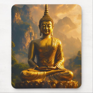 Tapis De Souris Bouddha assis doré sous un ciel de coucher de sole