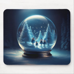 Tapis De Souris Boule à neige avec 4 petits lutins et flocons de n