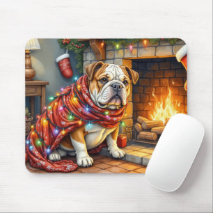 Tapis De Souris Bouledogue assis près de la cheminée avec des lumi