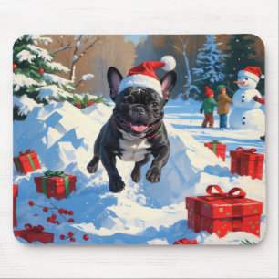 Tapis De Souris Bouledogue français noir scène festive de Noël enn