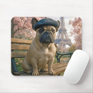 Tapis De Souris Bouledogue français sur un banc de parc à Paris