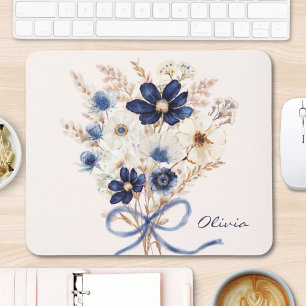 Tapis De Souris Bouquet de fleurs bleu marine aquarelle personnali