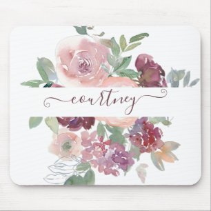 Tapis De Souris Bourgogne et floral aquarelle rose personnalisé