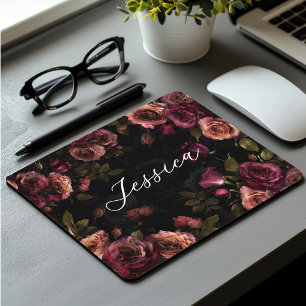 Tapis De Souris Bourgogne Rose Élégant Floral Botanique Maussade
