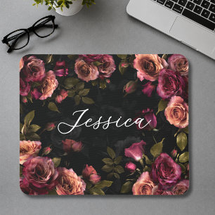 Tapis De Souris Bourgogne Rose Élégant Floral Botanique Maussade