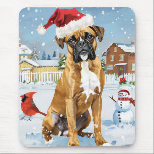 Tapis De Souris Boxer dans un Paysage de Noël hivernal de joie