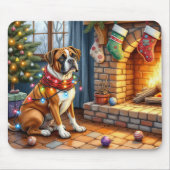 Tapis De Souris Boxer Sitting by Fireplace with Christmas Lights (Devant)