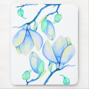 Tapis De Souris Branche de Magnolia Aquarelle Bleu Vert Botanique