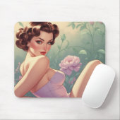 Tapis De Souris Brunette Pin-Up Fleurs Pastel (Avec souris)