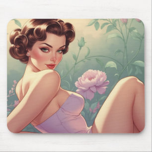 Tapis De Souris Brunette Pin-Up Fleurs Pastel