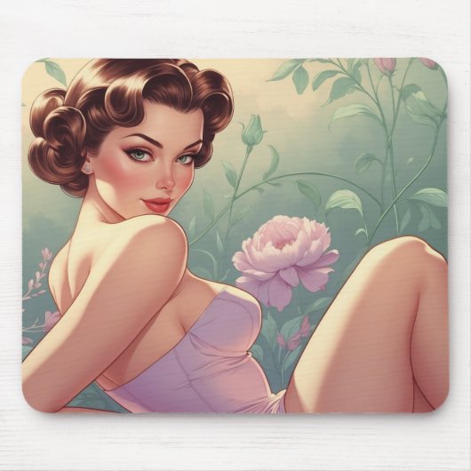 Tapis De Souris Brunette Pin-Up Fleurs Pastel (Devant)