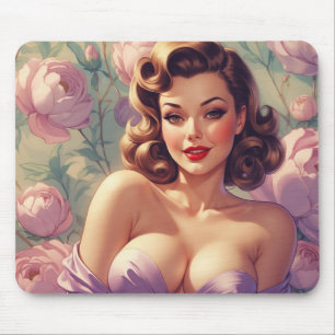 Tapis De Souris Brunette Pin-Up Fleurs Pastel