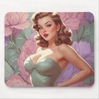 Tapis De Souris Brunette Pin-Up Fleurs Pastel