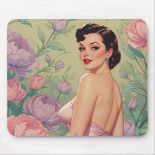Tapis De Souris Brunette Pin-Up Fleurs Pastel